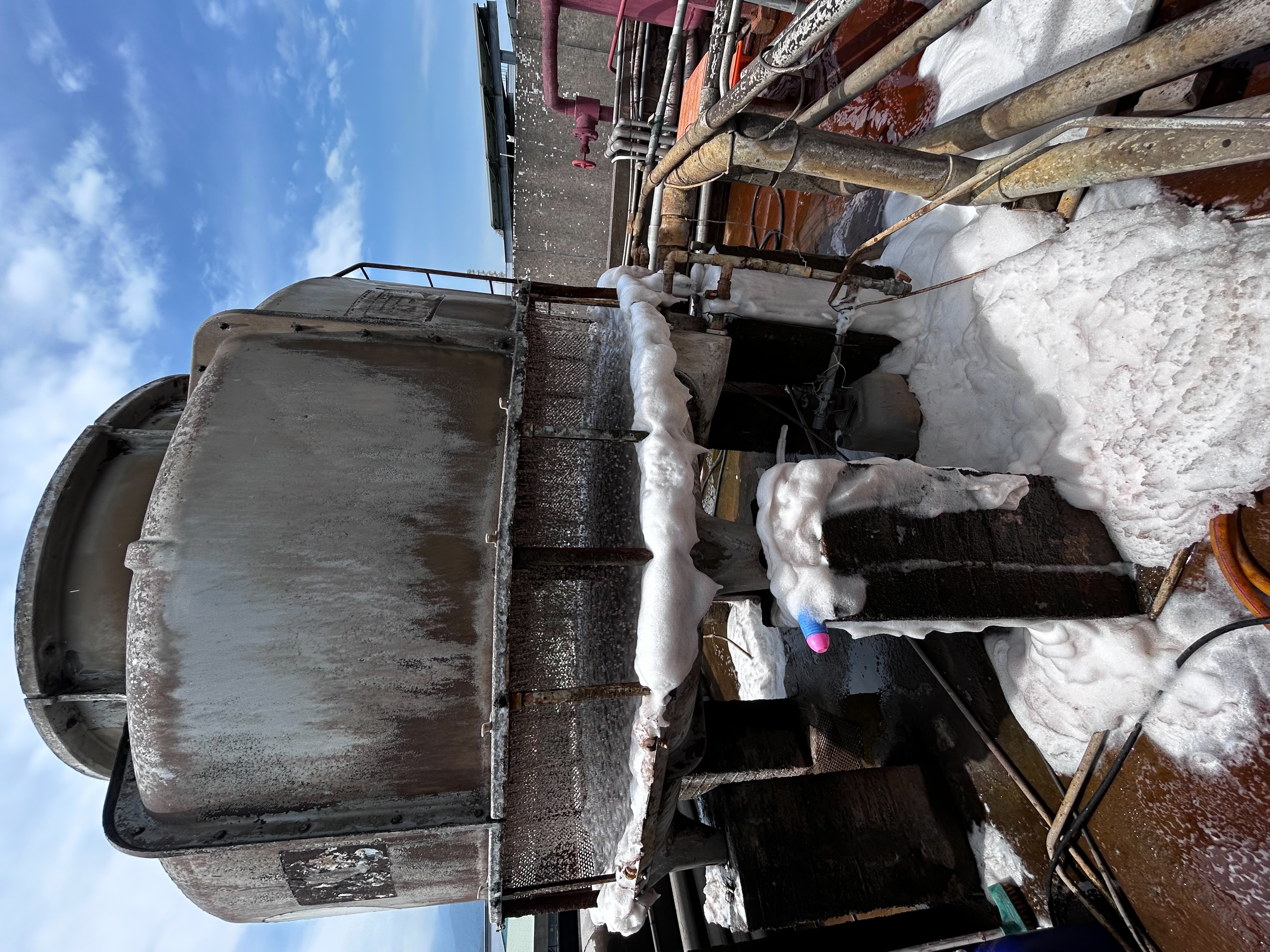 清洗前：生物膜與黏附物較多