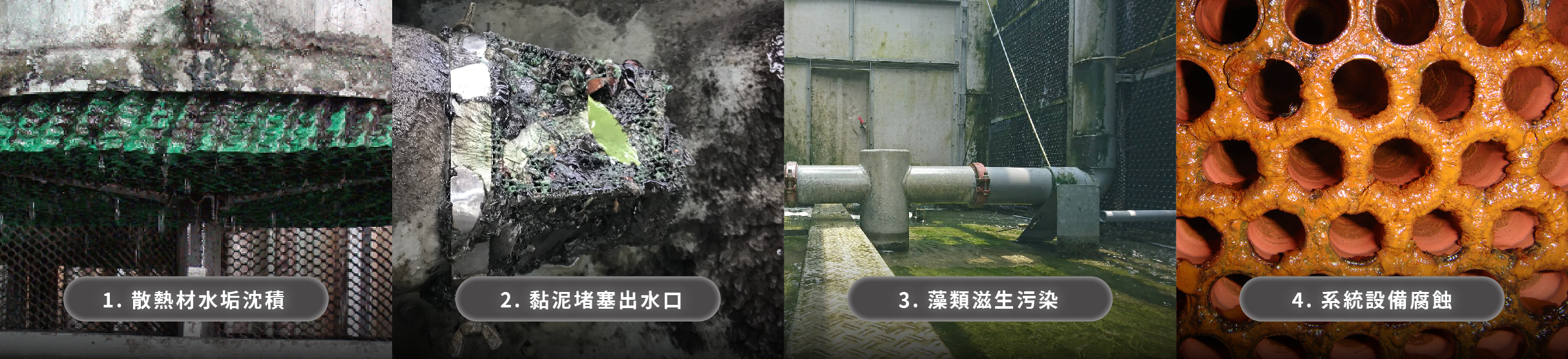 冷卻水塔內部沈積物示意：水垢、黏泥與青苔一起累積